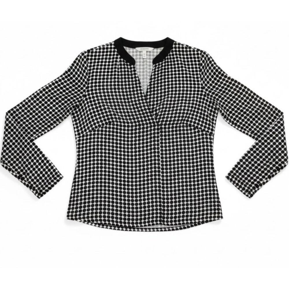 Daniel Rainn Blouse Womens Black White Polka Dot V Neck Pleated Roll Tab Plus 1X
